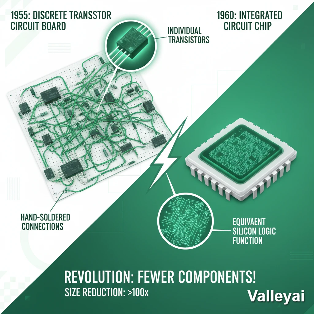 1955 discrete transistor circuit vs. 1960 integrated chip: Hand-soldered vs. etched pathways, same logic.