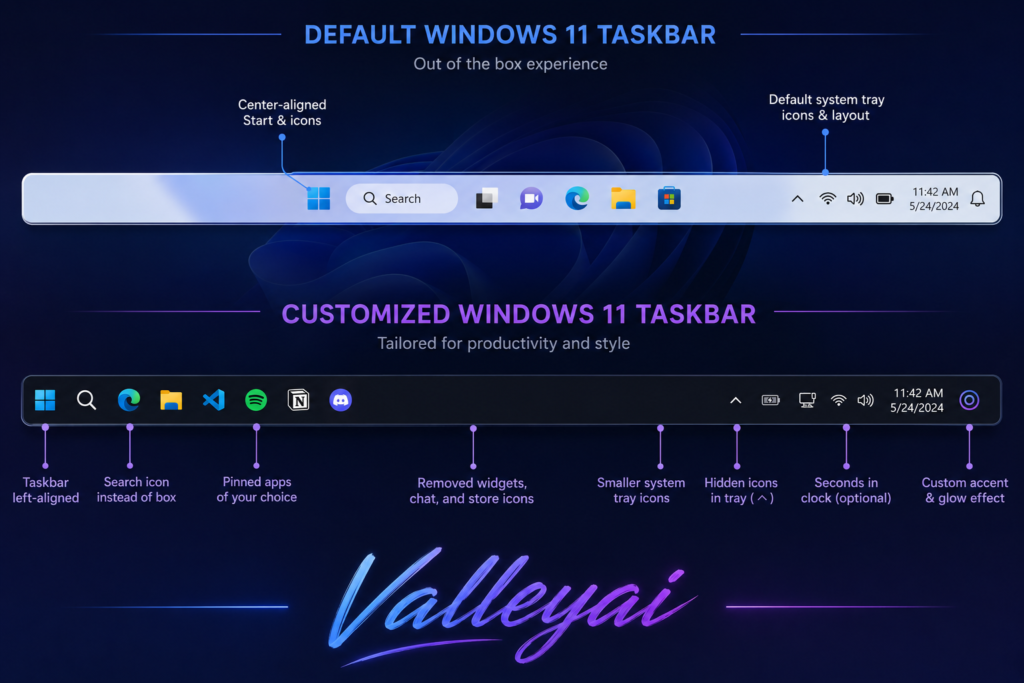 Side-by-side comparison diagram showing default Windows 11 taskbar (center-aligned, default icons) versus a fully customized taskbar (left-aligned, pinned apps, system tray customized) with labeled callouts for each change