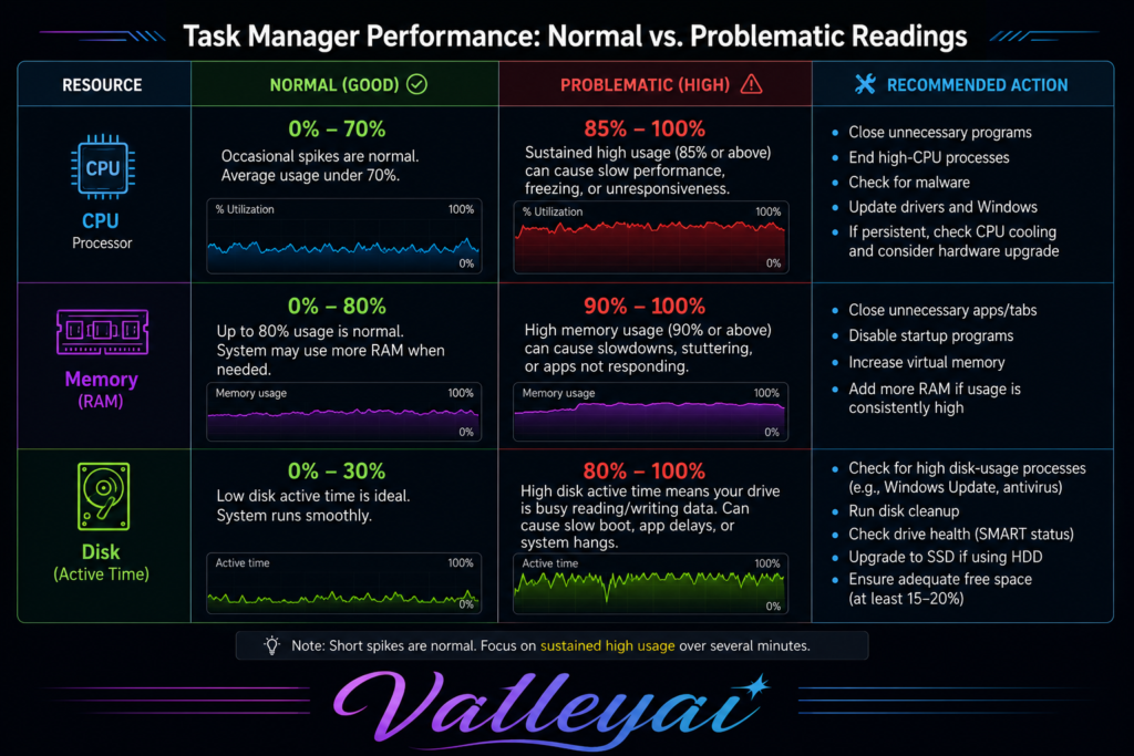 Comparison table of normal vs problematic CPU, memory, and disk readings in Task Manager.