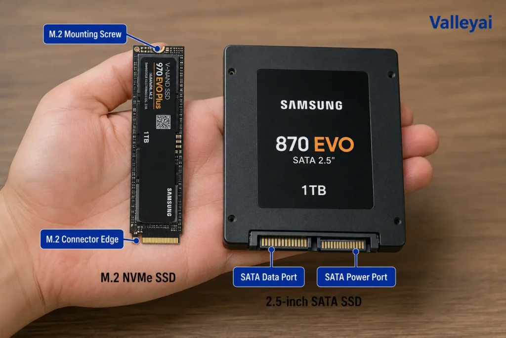 Side-by-side photo of an M.2 NVMe stick and a 2.5-inch SATA SSD, both held in a hand for scale. Label the M.2 mounting screw, the M.2 connector edge, the SATA data port, and the SATA power port.
