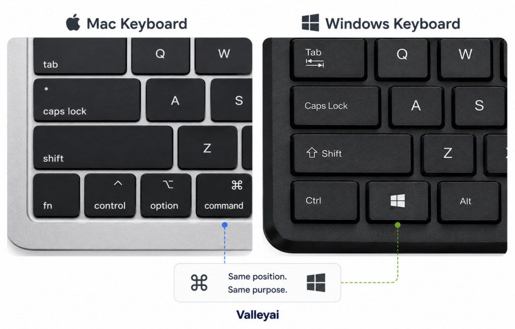Side-by-side photo of Mac keyboard bottom-left cluster vs Windows keyboard bottom-left cluster showing spatial overlap of ⌘ and Windows key.