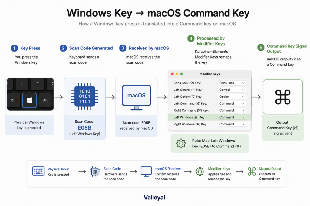 Flow diagram showing scan code from Windows key traveling to macOS Modifier Keys panel and outputting as Command key signal