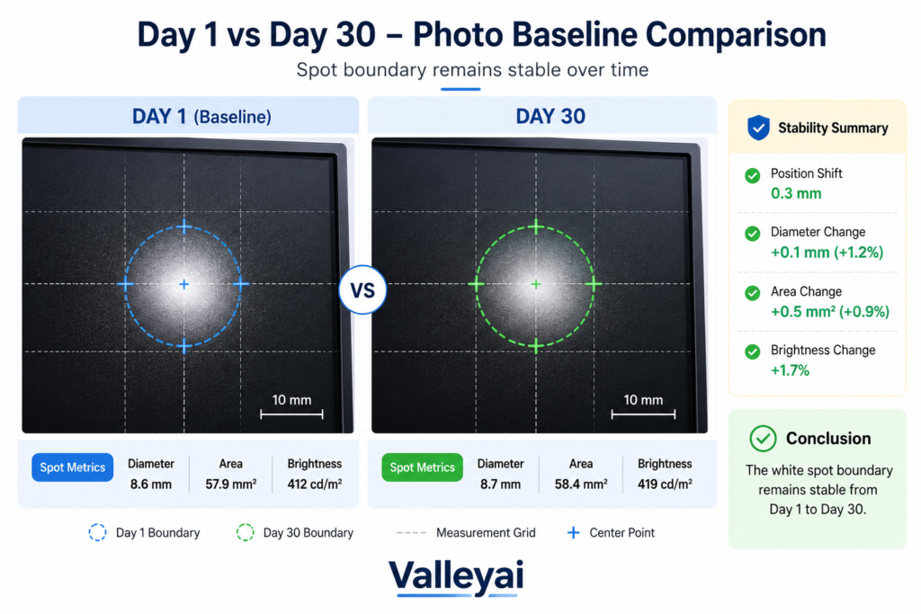 Side-by-side mockup of Day 1 vs Day 30 photo baseline with measurement overlay grid showing spot boundary stability
