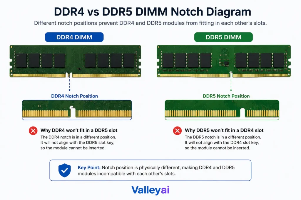 A side-by-side DDR4 and DDR5 DIMM notch diagram.