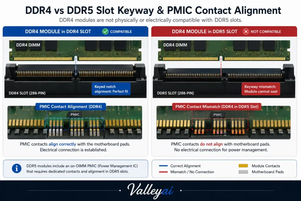 Cross-section render of DDR4 pin alignment vs DDR5 slot keyway showing PMIC contact mismatch