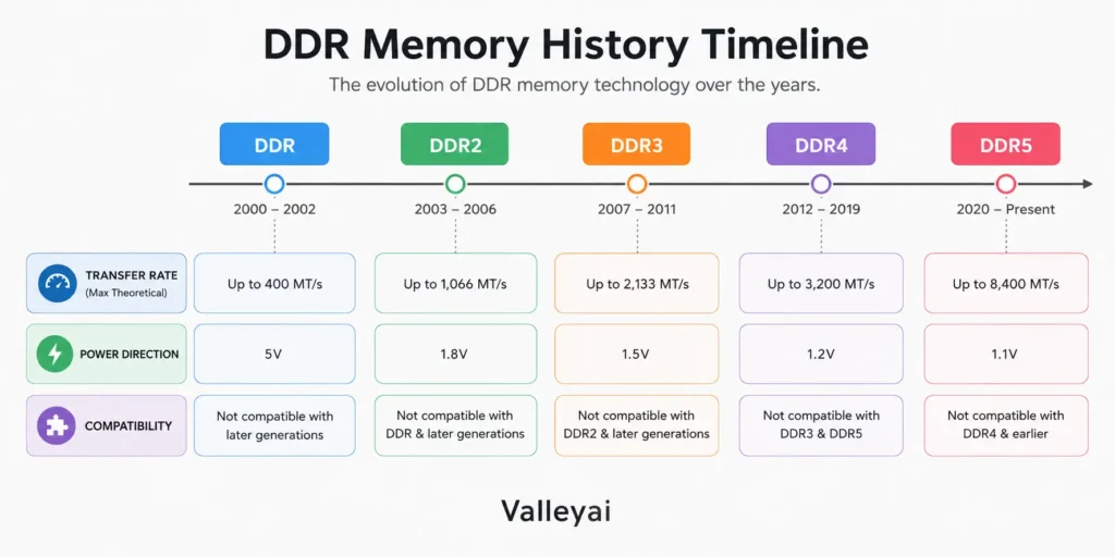 A horizontal DDR history timeline from DDR through DDR5, with three callouts under each generation transfer rate, power direction, and compatibility.