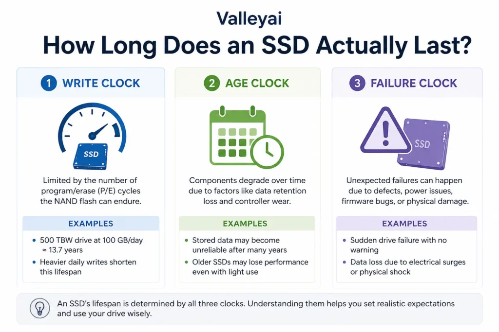 A three-column diagram showing the write clock, age clock, and failure clock of an SSD, with examples under each.
