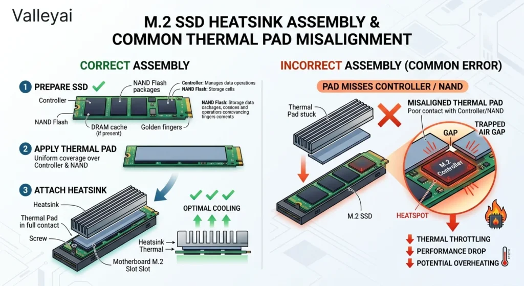 An annotated M.2 diagram showing the controller, NAND packages, thermal pad, heatsink, mounting screw, and a common “pad misses controller” error.