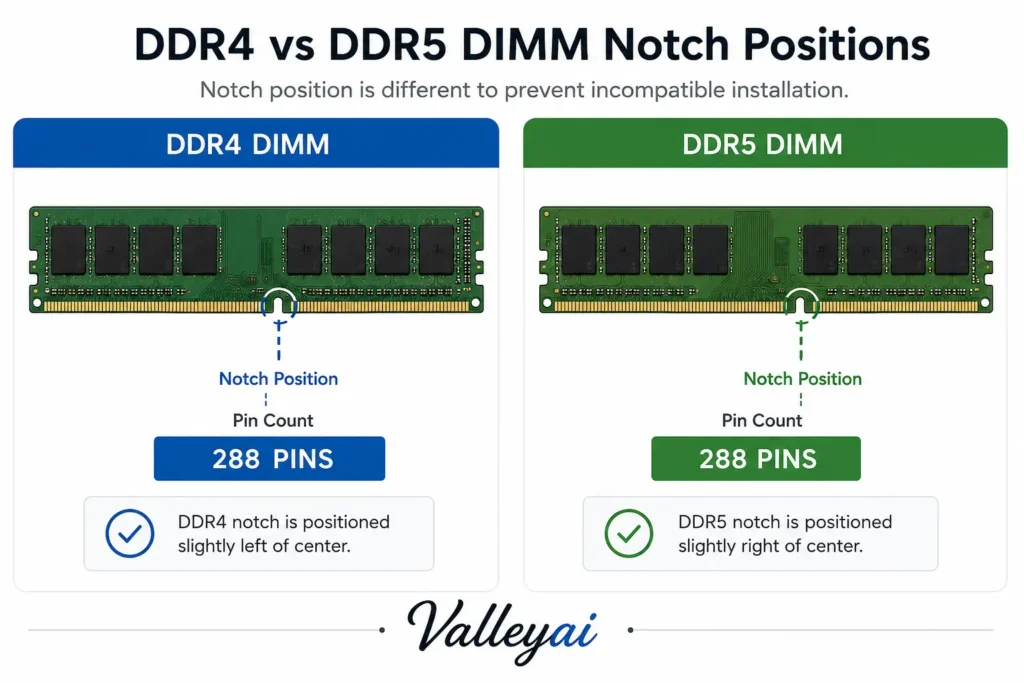 Side-by-side diagram of DDR4 and DDR5 DIMM notch positions with pin-count callouts.