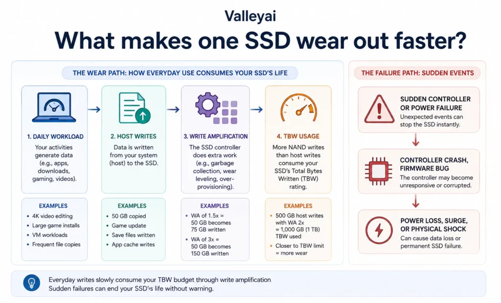 A flowchart of an SSD that traces “daily workload → host writes → write amplification → TBW usage,” with a separate branch for sudden controller or power failure.