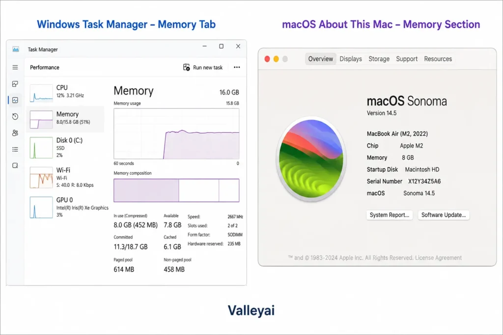 Side-by-side screenshot of Windows Task Manager Memory tab and macOS About This Mac memory section