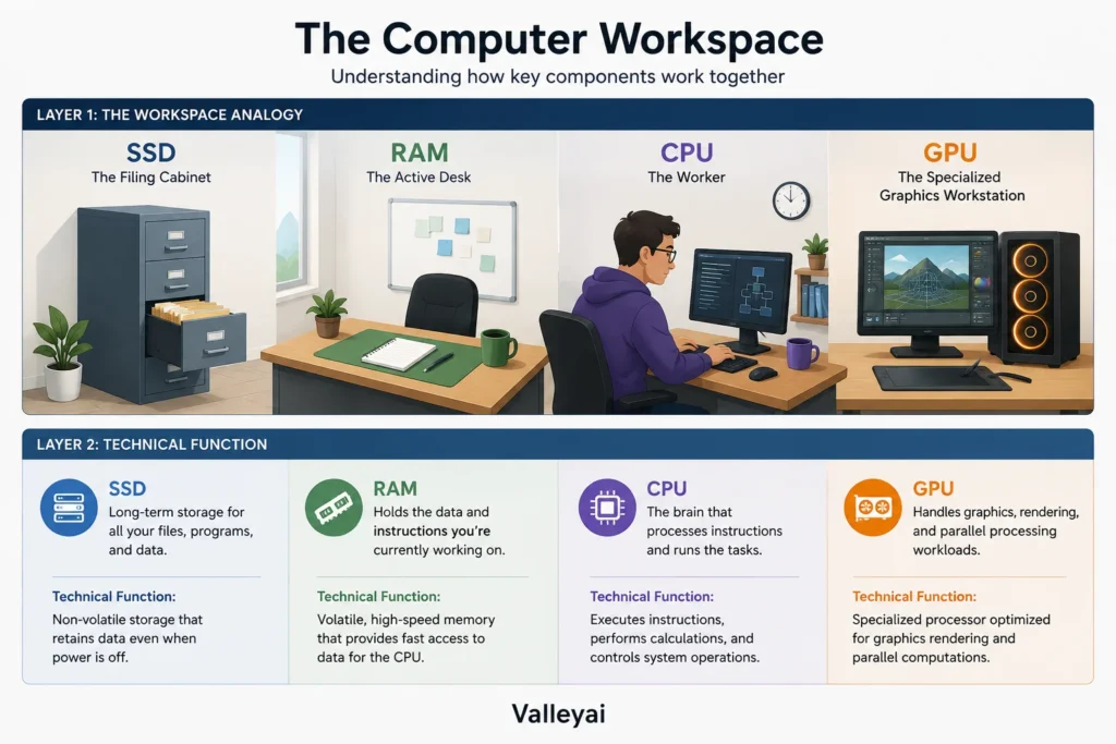 A two-layer diagram showing the “computer workspace”: SSD as the filing cabinet, RAM as the active desk, CPU as the worker, and GPU as a specialized graphics workstation.
