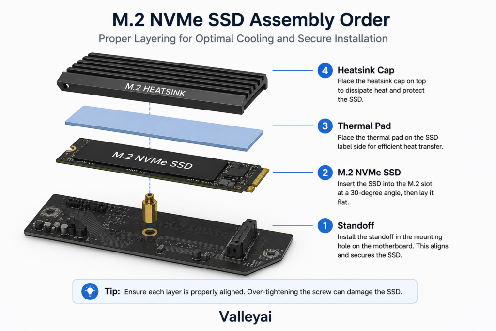 A layer diagram showing standoff, M.2 NVMe SSD, thermal pad, and heatsink cap ordering.