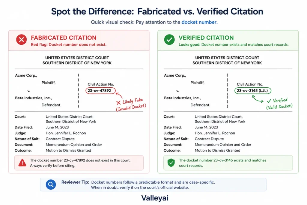 A side-by-side annotated example showing a fabricated citation next to a verified one same court format, same structure, with the fake docket number circled giving reviewers a visual pattern to recognize in seconds rather than reading a paragraph describing it.