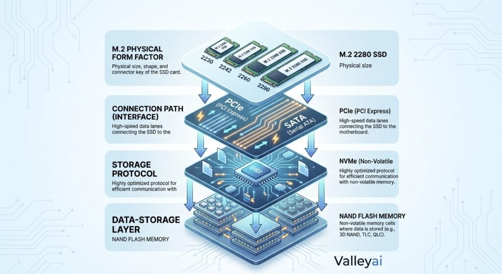 a four-layer diagram showing M.2 as the physical form factor, PCIe or SATA as the connection path, NVMe as the storage protocol, and NAND flash as the data-storage layer.