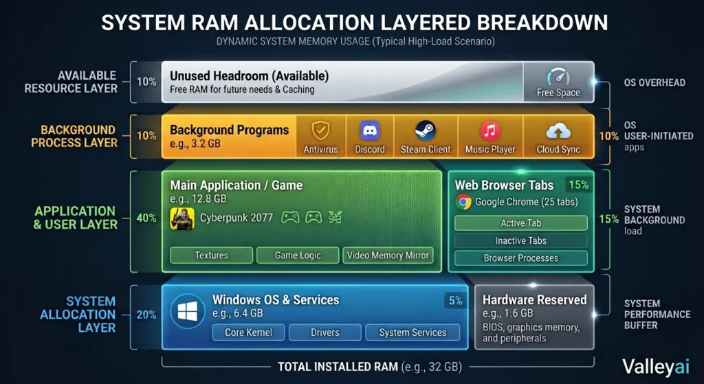 layered diagram showing system RAM divided among Windows, the game or main application, browser tabs, background programs, and unused headroom.