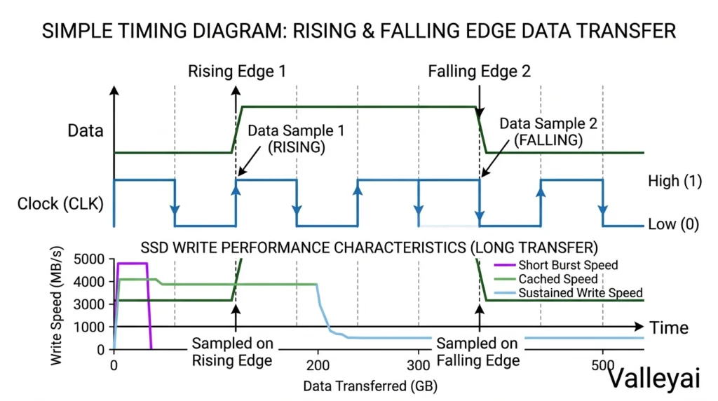 a line chart comparing short burst speed, cached speed, and sustained write speed during a long file transfer.