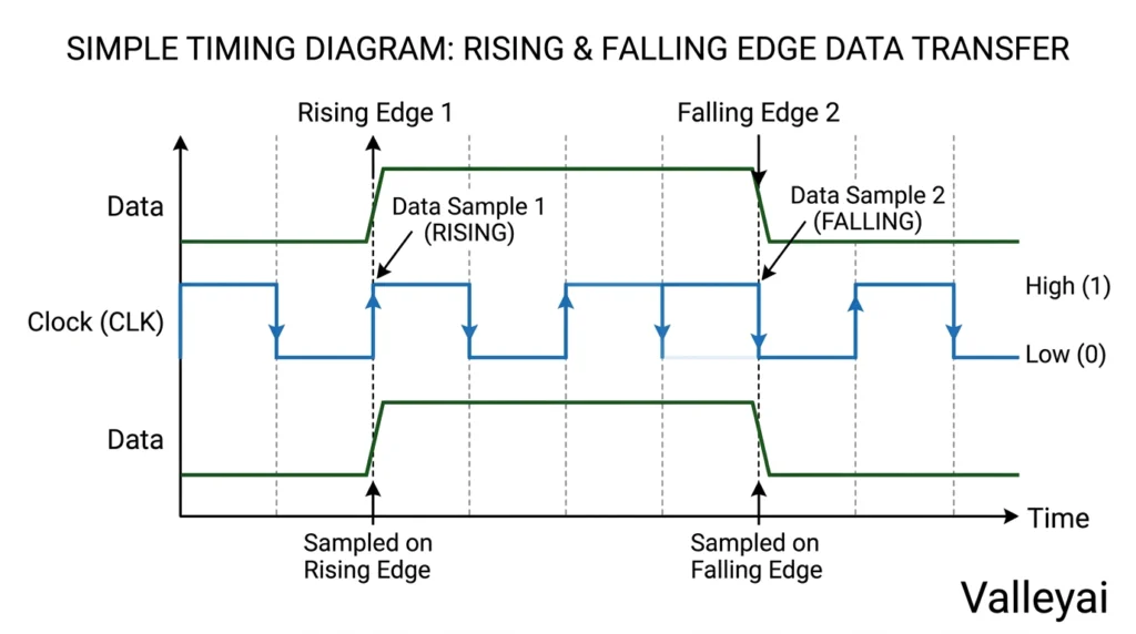 A simple timing diagram showing one clock wave with a data transfer marked on the rising edge and another on the falling edge.