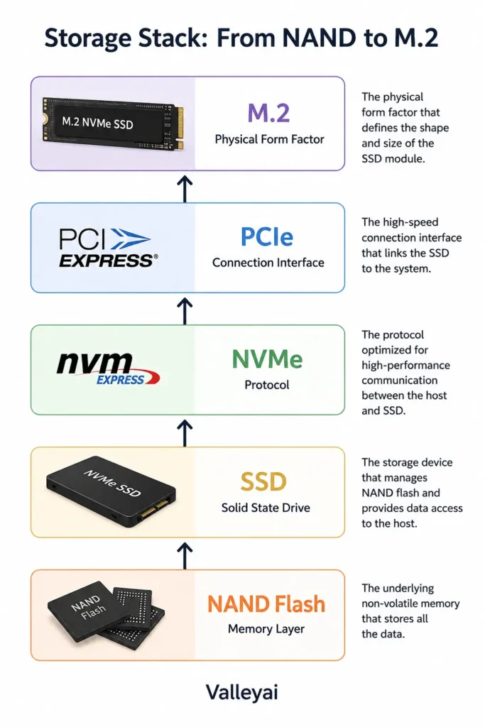 storage-stack diagram showing NAND flash at the bottom, SSD device above it, NVMe protocol in the communication layer, PCIe as the connection, and M.2 as the physical form factor.