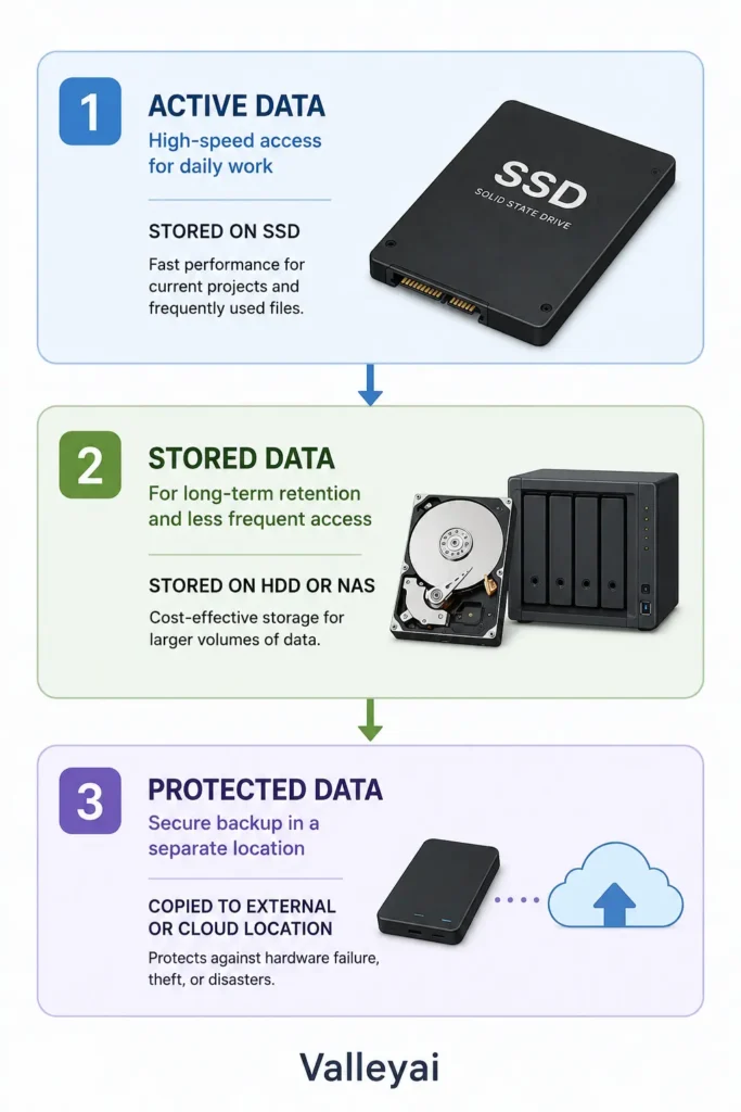 a three-layer storage diagram showing active data on an SSD, stored data on an HDD or NAS, and protected data copied to a separate external or cloud location.