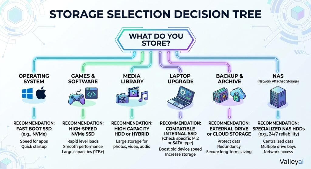 A decision tree that branches from “What do you store?” into operating system, games, media library, laptop upgrade, backup, and NAS recommendations.