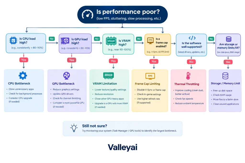 A diagnostic flowchart beginning with “Is performance poor?” and branching through CPU load, GPU load, VRAM, frame caps, thermals, software support, and storage or memory limits.