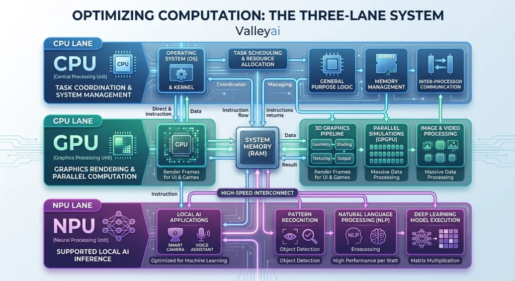 A diagram showing the CPU coordinating tasks, the GPU handling graphics and flexible parallel computation, and the NPU handling supported local AI inference.