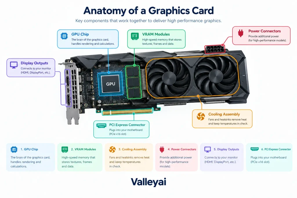 GPU vs Graphics Card: A labeled graphics-card diagram identifying the GPU chip, VRAM modules, cooling assembly, power connectors, display outputs, and PCI Express connector.