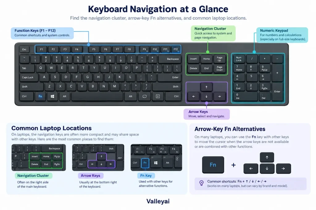an annotated keyboard diagram showing the full-size navigation cluster, arrow-key Fn alternatives, and common laptop locations.