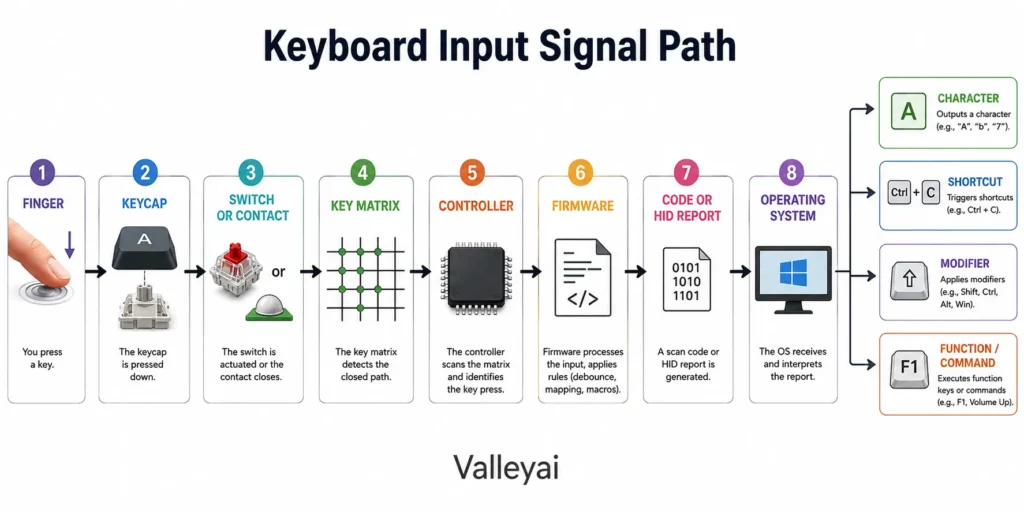 How One Key Press Becomes a Computer Input, an arrow diagram for the complete signal path, with a split after “operating system” showing character, shortcut, modifier, and function-command outcomes.