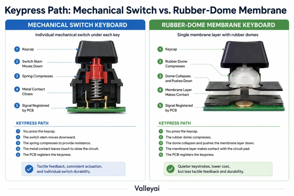 a two-column comparison graphic showing the keypress path in a mechanical keyboard switch versus a rubber-dome membrane keyboard.