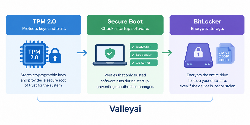 TPM 2.0 protects keys and trust, Secure Boot checks startup software, and BitLocker encrypts storage.