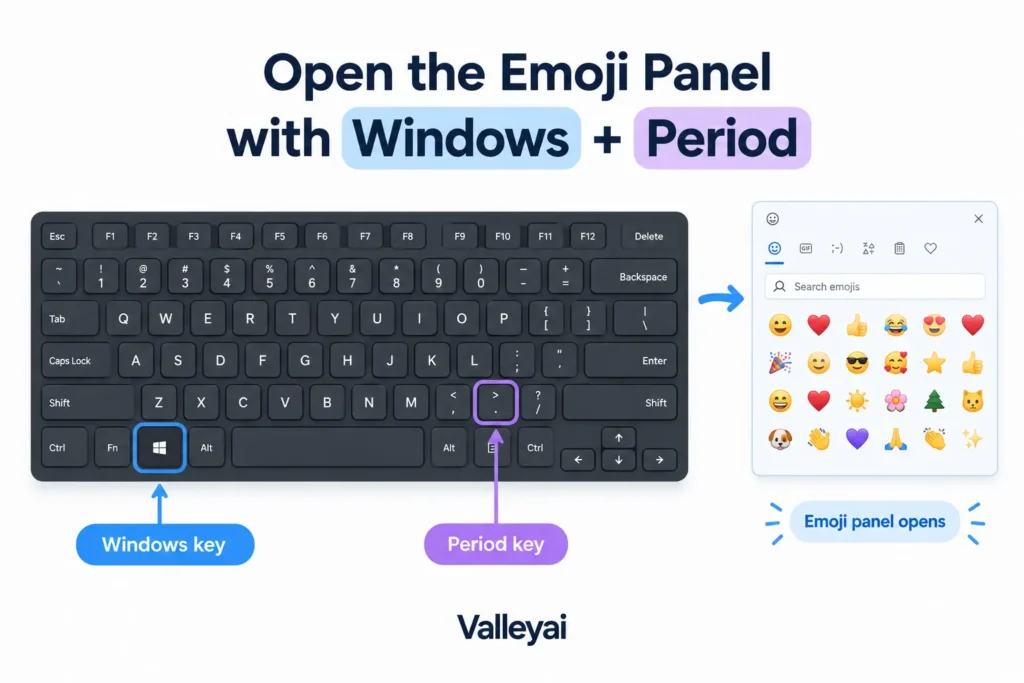 a keyboard diagram highlighting the Windows key and period key, with an arrow pointing to the emoji panel.