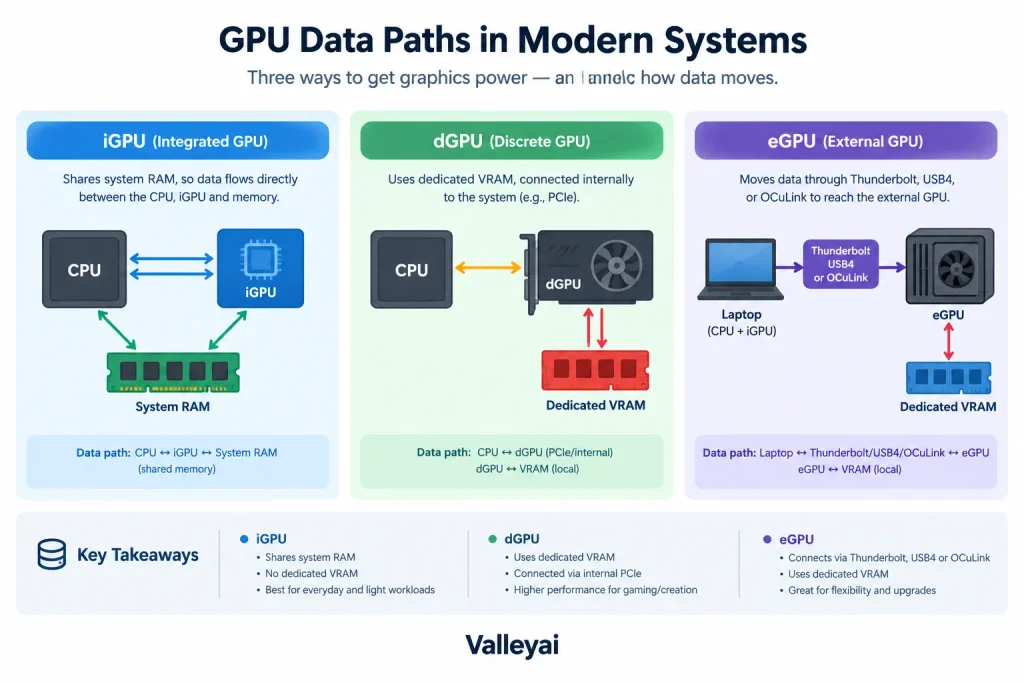 This diagram showing an iGPU sharing system RAM, a dGPU using dedicated VRAM over an internal connection, and an eGPU moving data through Thunderbolt, USB4, or OCuLink.