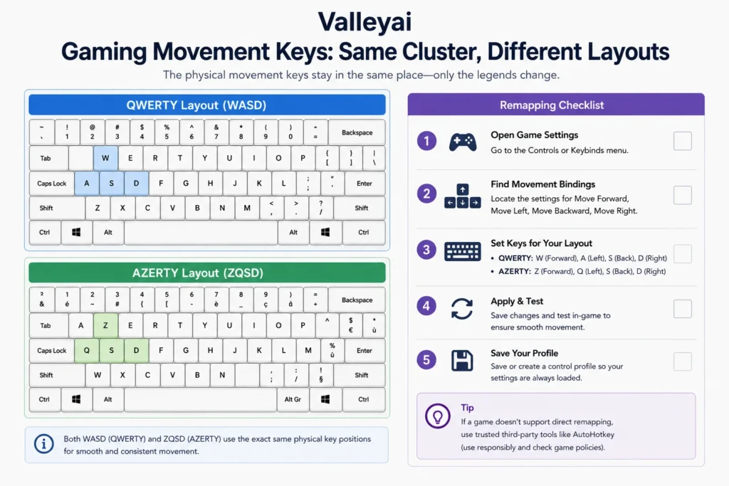 a gaming diagram showing the same physical movement cluster labeled WASD on QWERTY and ZQSD on AZERTY, with a remapping checklist beside it.