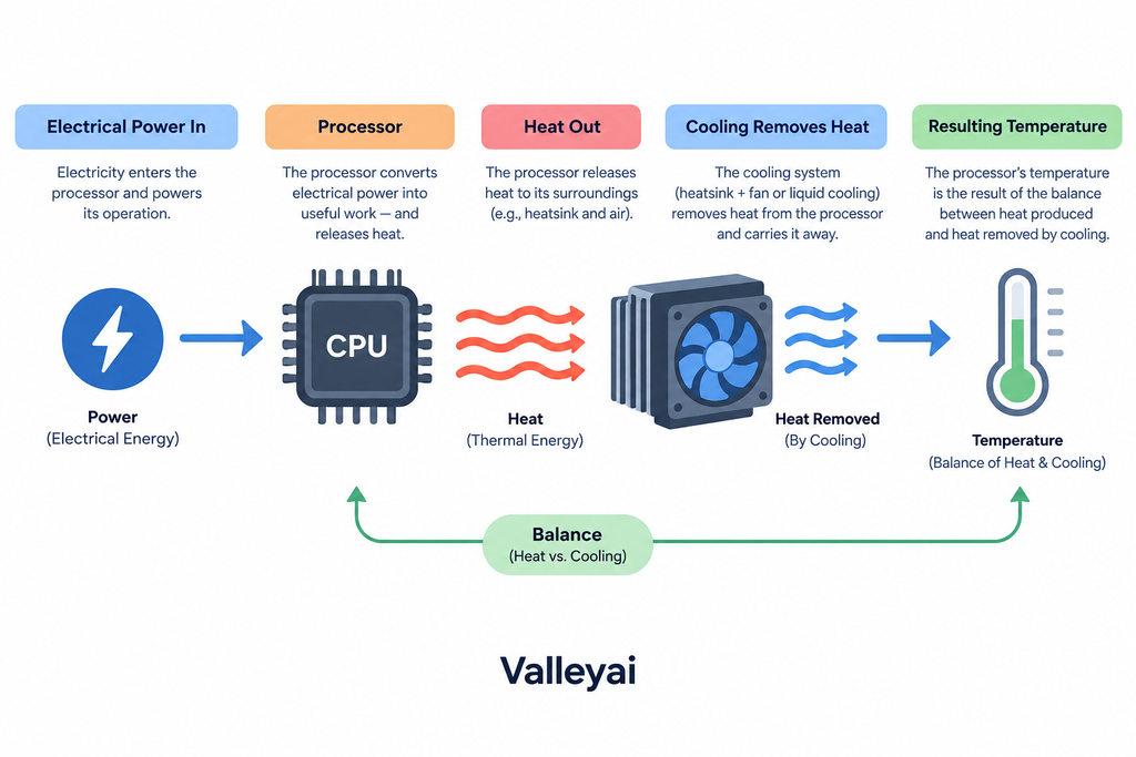 This diagram showing electrical power entering a processor, heat leaving the processor, cooling removing that heat, and temperature resulting from the balance between heat and cooling.