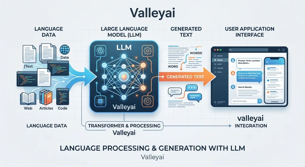 A simple diagram showing language data flowing into an LLM, then generated text flowing to an application interface.