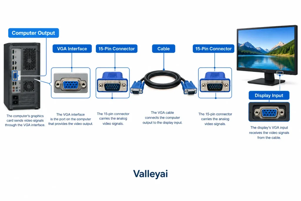 What is VGA interface, 15-pin connector, cable, computer output, and display input.