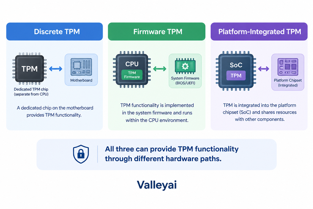 On this diagram showing discrete TPM, firmware TPM, and platform-integrated TPM, with a note that all three can provide TPM functionality through different hardware paths.