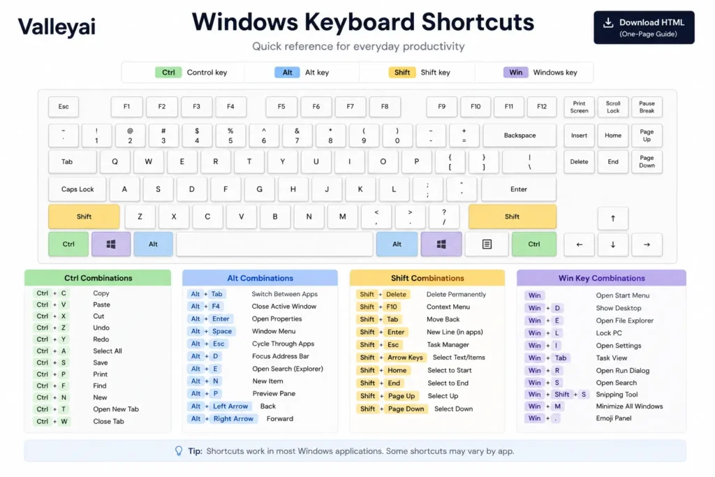 one-page windows keyboard shortcut diagram with color-coded Ctrl, Alt, Shift, and Win combinations. 