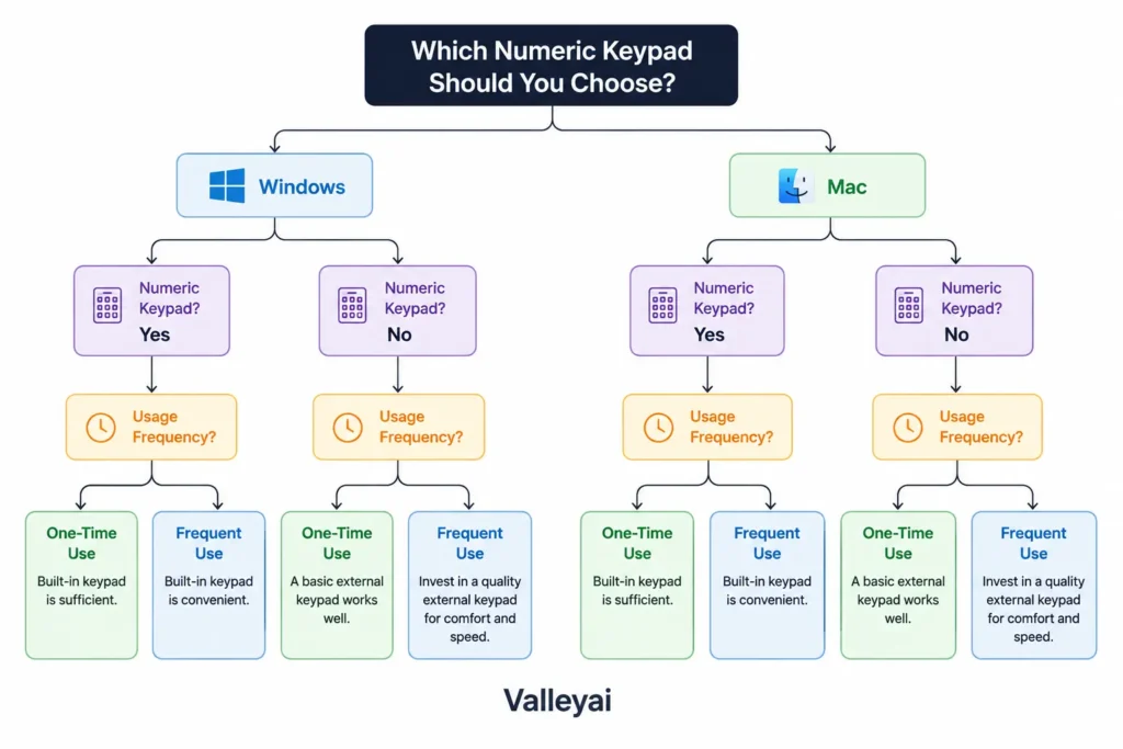 A decision-tree diagram showing Windows/Mac → numeric keypad/no keypad → one-time/frequent use.