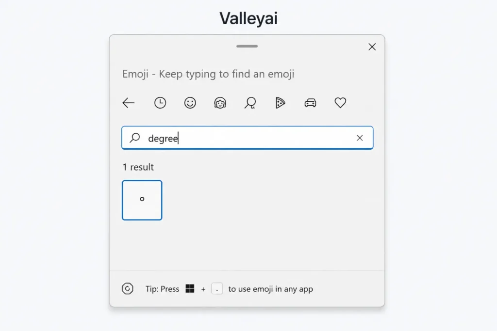 Screenshot of Windows emoji panel search showing degree symbol.
