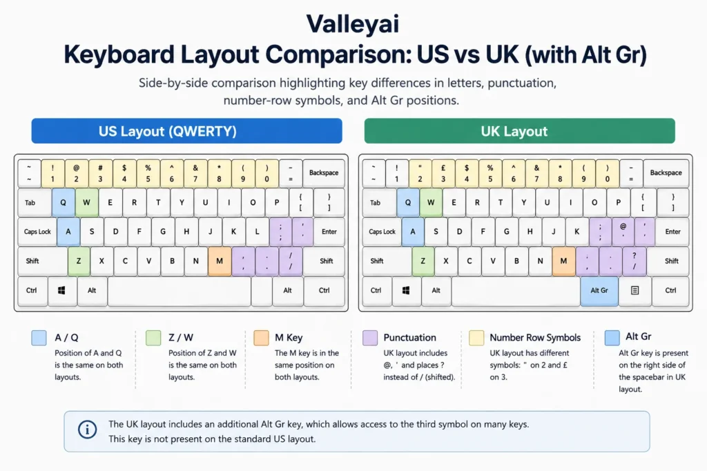 A side-by-side keyboard diagram highlighting A/Q, Z/W, M, punctuation, number-row symbols, and Alt Gr positions.]