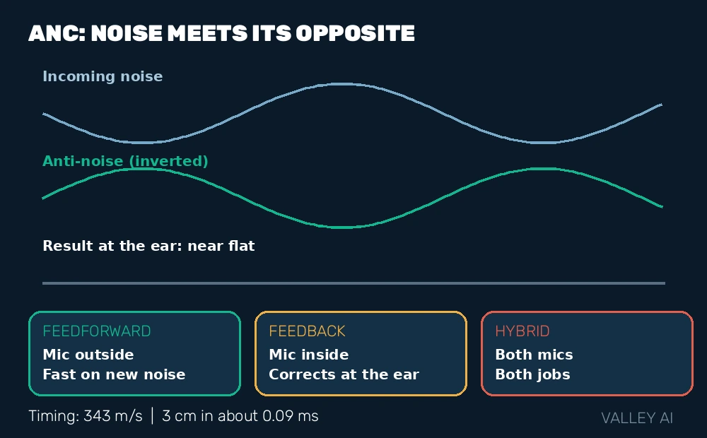 Diagram of feedforward, feedback, and hybrid ANC microphone placement with the timing window for the anti-noise loop