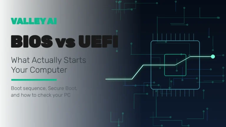 BIOS vs UEFI explained: a motherboard chip with a glowing boot path showing what starts your computer