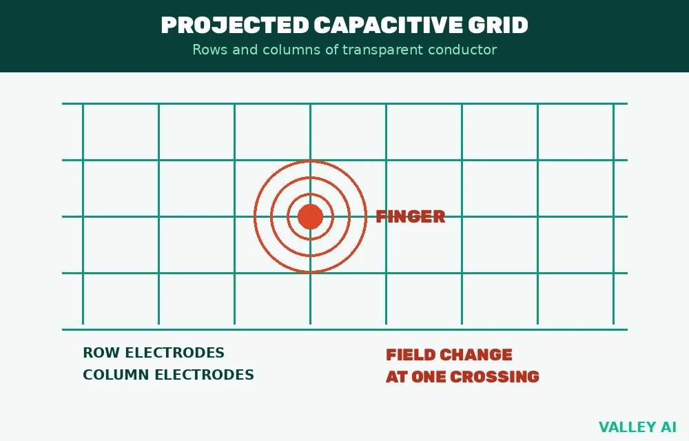 Diagram of a projected capacitive grid with rows and columns, showing how a finger changes the electric field at one crossing