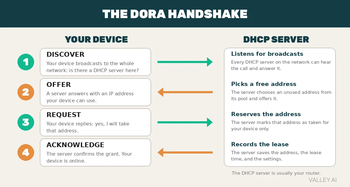 DORA handshake diagram: the four DHCP steps between a device and a DHCP server, Discover, Offer, Request and Acknowledge, with what the server does at each step