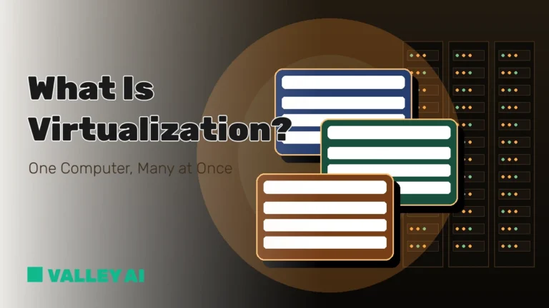 What is virtualization: one glowing physical server splitting into layered translucent panes, each holding a different operating system desktop