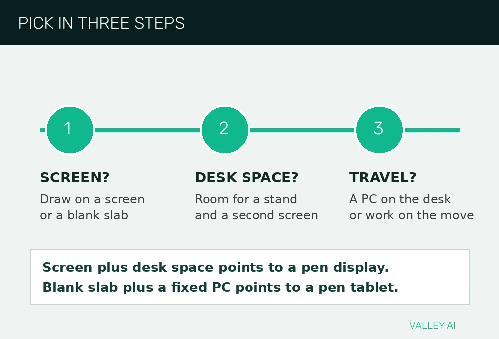 Three steps for picking a graphics tablet form: screen need, desk space, and travel need