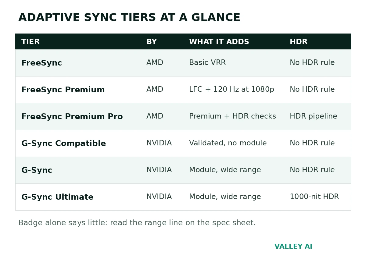 Tier comparison chart for FreeSync, FreeSync Premium, FreeSync Premium Pro, G-Sync Compatible, G-Sync, and G-Sync Ultimate showing certification, hardware, and HDR notes